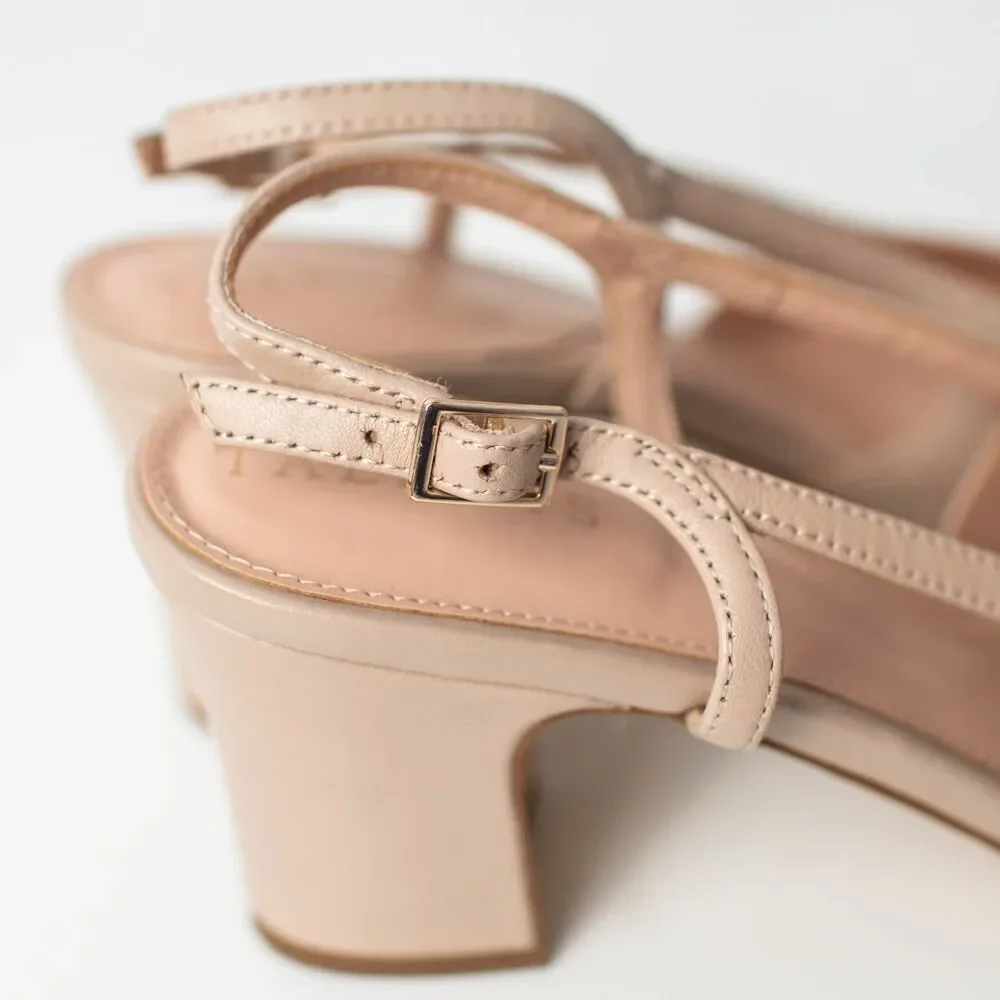 Talbots Women's 7.5 Leather Slingback Pumps Nude Beige Black Cap Toe Heels